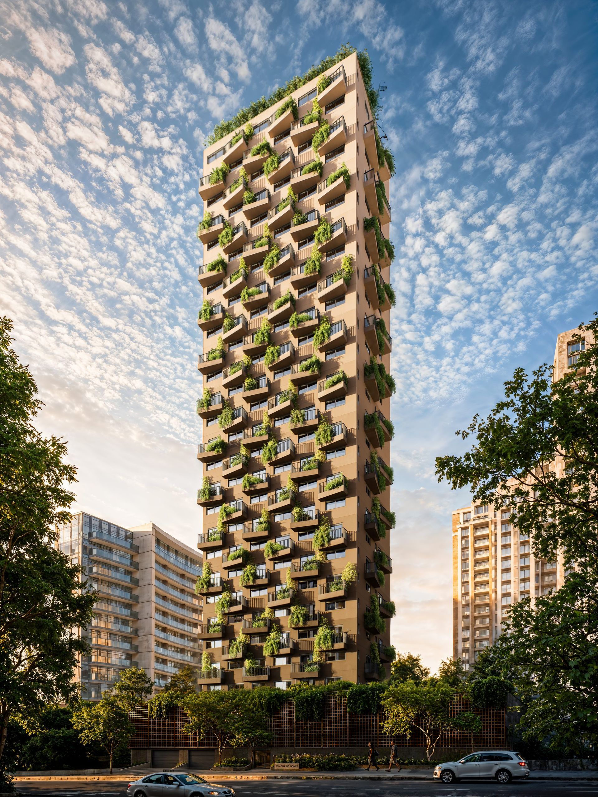 Torre do AWA Wellness Home com varandas ajardinadas, vista da Av. Carlos Gomes